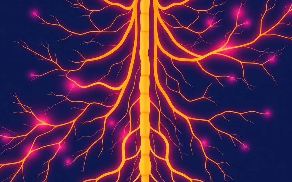 Illustrazione di percorsi nervosi luminosi su fondo navy per rappresentare la sensibilizzazione centrale