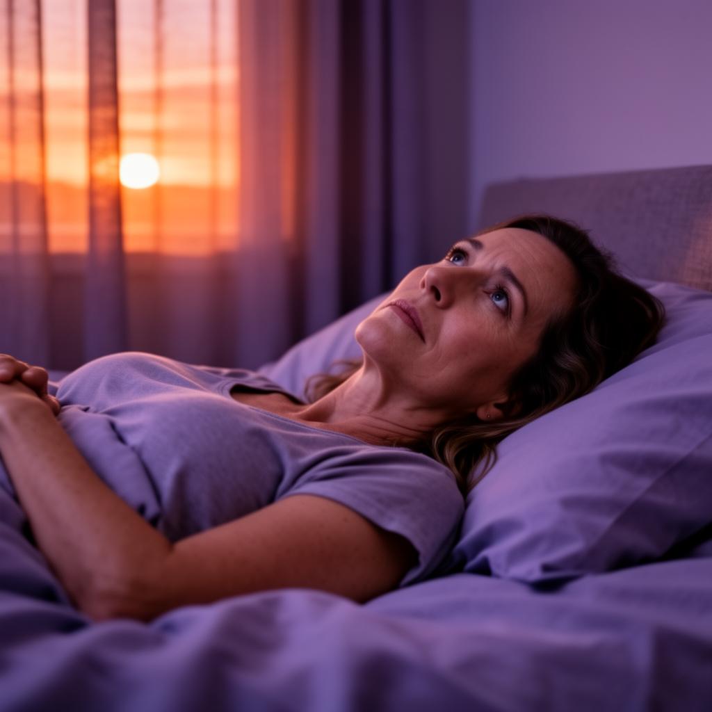 Persona che riposa su sfondo crema con sole arancione e forme blu, simbolo del sonno non riparatore nella fibromialgia