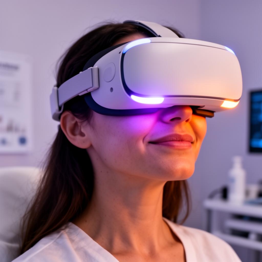 Visore di realtà virtuale in ambiente immersivo con luci rosa e arancio
